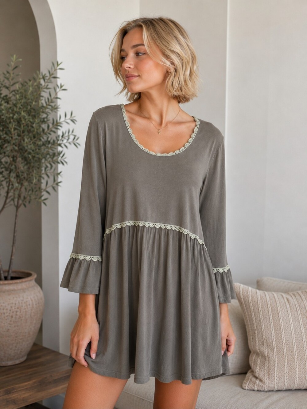 POL Olive Lace-Trim Peasant Tunic